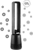 A black tower fan is shown with animated representations of positive and negative ions surrounding it. Produktbild-Vorschau