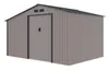 A gray metal garden shed with double doors and a dark gray roof, presented on a white background. Produktbild-Vorschau