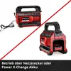 Two Einhell hybrid compressors are shown, one connected to a power cord and the other with a battery inserted. A red diagonal line separates the two images, and text is present at the bottom. Voir les images du produit