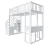 A white loft bed with stairs and a desk underneath, shown against a white background. Voir les images du produit