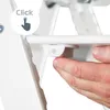 A hand is shown pressing a button on a white high chair, with a circular overlay indicating 'Click' and a finger icon. Náhled obrázku produktu