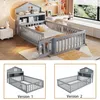 A child's bedroom with a grey house-shaped bed with safety rails and a shelf unit above. Náhled obrázku produktu
