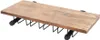 A wooden shelf with black metal supports, designed to hold wine bottles. Voir les images du produit