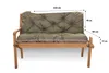 A wooden garden bench with green cushions, shown from the front with dimensions indicated by text and lines. Produktbild-Vorschau
