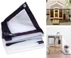 A collage showing a folded transparent tarp, a doghouse with a dog, and a bookshelf covered by a transparent tarp. Produktbild-Vorschau