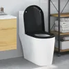 A modern white toilet with a black lid and seat is shown in a bathroom setting. Náhled obrázku produktu