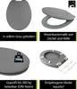A collage of images showcasing a gray toilet seat with various features highlighted. Produktbild-Vorschau