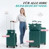 A woman stands next to a set of luggage, with labels indicating sizes and capacities. Produktbild-Vorschau