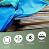 A blue tarp covers a stack of wooden planks. Below the tarp are four circular icons with text, indicating product features. Produktbild-Vorschau