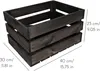 A dark wooden crate with dimensions indicated by measurement lines and text. Produktbild-Vorschau