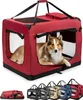 A dog is inside a red dog carrier. Below the carrier are several other dog carriers in different colors and a folded carrier.