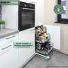 A kitchen cabinet with a pull-out drawer filled with kitchen supplies, next to an oven. Produktbild-Vorschau