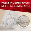 A white artificial Christmas tree with a close-up inset showing its metal stand. Produktbild-Vorschau