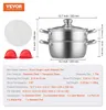 A stainless steel steamer pot with accessories and dimensions displayed. Produktbild-Vorschau