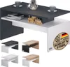 A modern coffee table with storage, shown with decorative items and a logo indicating quality. Produktbild-Vorschau