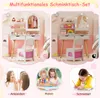 A collage showcasing a children's vanity set in two different configurations, along with three smaller images of children engaged in activities like dressing up, drawing, and writing. Produktbild-Vorschau