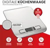 A digital kitchen scale is shown with various marketing icons and text. Produktbild-Vorschau