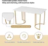A white marble-patterned table with a golden metal frame, shown from a slightly elevated angle. Callouts highlight features like the material and stability. Voir les images du produit