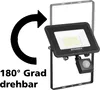 A SYLVANIA LED floodlight with a motion sensor, shown with a graphic indicating 180-degree rotation and text in German. Produktbild-Vorschau
