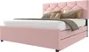 A pink upholstered bed with a tufted headboard and decorative pillows. Anteprima dell’immagine prodotto