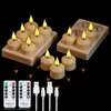 A set of rechargeable LED tea lights with a charging station and USB cables, presented against a black background. Produktbild-Vorschau