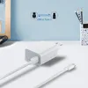 A white USB charger and USB-C cable are displayed on a white surface with a light blue background. A graphic indicating USB to Type C connection is visible in the upper background. Produktbild-Vorschau