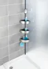 A shower corner shelf unit with toiletries and a loofah, installed in a shower stall. Produktbild-Vorschau