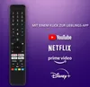 A remote control is shown next to logos of popular streaming services, with text indicating easy app access. Produktbild-Vorschau