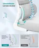 Close-up of an office chair's lumbar support feature, with diagrams illustrating its adjustability and benefits. Produktbild-Vorschau