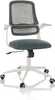 A white mesh office chair with a blue seat and white frame, shown from the front on a white background. Produktbild-Vorschau