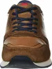 A close-up, front-facing view of a brown leather and suede sneaker with blue laces. Produktbild-Vorschau