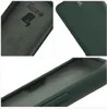 A collage of three images showing the interior, exterior, and a close-up of a dark green phone case. Produktbild-Vorschau