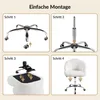 A collage of four images showing the steps to assemble a white office chair. Produktbild-Vorschau