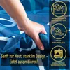 A hand is shown holding a blue patterned fabric, likely bedding, with marketing icons and text overlaid. Produktbild-Vorschau