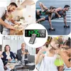 A collage of four images showing a digital clock in different life scenarios: family in the kitchen, a couple working out, people in a business meeting, and children in a science lab. Produktbild-Vorschau