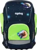 A dark blue backpack with a space theme, featuring planets and stars. It has a bright green front pocket with a spaceship patch. Produktbild-Vorschau