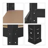 A collage of four close-up images showing details of a black metal shelving unit with brown particleboard shelves. Podgląd zdjęcia produktu