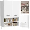 A white bathroom wall cabinet filled with various bottles and containers, likely toiletries or cosmetics. The cabinet has two doors and open shelves below. A smaller inset image shows the cabinet with its doors open, displaying multiple shelves stocked wit Náhled obrázku produktu
