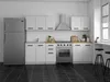 A modern, white kitchen set with a refrigerator, cabinets, sink, and stove. Produktbild-Vorschau