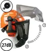 A professional safety helmet with integrated ear protection and face shield, presented with instructional graphics. Produktbild-Vorschau