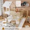 A bunk bed with a slide and ladder, decorated with a house-like roof, in a child's room setting. Podgląd zdjęcia produktu