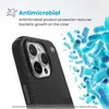 A close-up of a black phone case with a camera cutout, next to a graphic representation of bacteria. Náhled obrázku produktu