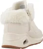 A rear view of a beige Skechers boot with white fur trim. Voir les images du produit