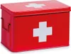 A red metal first aid box with a white cross on the front and top, shown from a slightly elevated front-side angle. Podgląd zdjęcia produktu