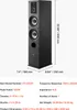 A black floor-standing speaker with dimensions and specifications displayed. Náhľad obrázku produktu