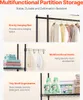 A collage of images showcasing the features of a multifunctional partition storage unit, likely a shelving system for a laundry room. Produktbild-Vorschau