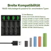 A battery charger with multiple battery slots and a USB cable, along with various battery types shown in a row. Produktbild-Vorschau