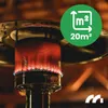 A close-up of a gas heater with flames, with a green circle overlay indicating coverage area. Náhled obrázku produktu