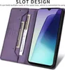 A close-up view of a purple flip wallet phone case with cards inserted, showcasing its slot design. Produktbild-Vorschau