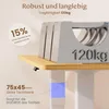 Close-up of a desk leg and tabletop with marketing text and graphics. Produktbild-Vorschau